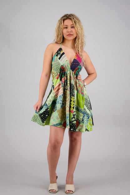 Patchwork Halter Mid-Length Dress