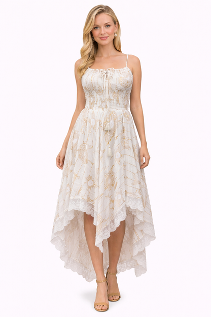 Bohemian Gold Celestial Asymmetrical Lace Hem Dress