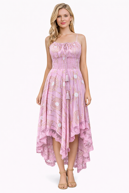 Bohemian Gold Celestial Asymmetrical Lace Hem Dress