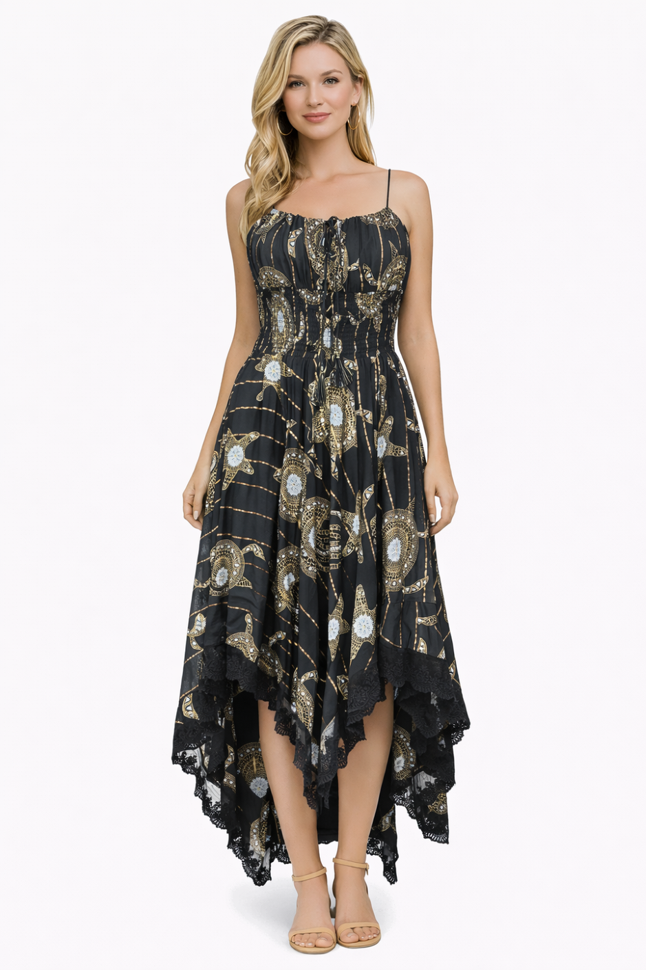 Bohemian Gold Celestial Asymmetrical Lace Hem Dress