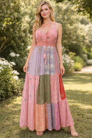 Bohemian Blue Patchwork Halter Maxi Dress