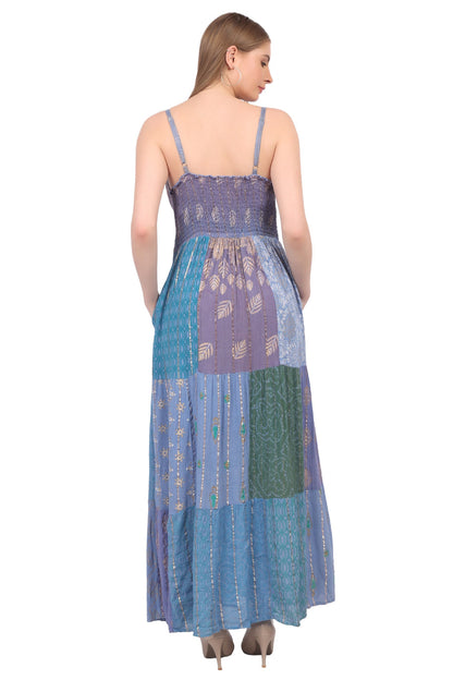 Bohemian Blue Patchwork Halter Maxi Dress