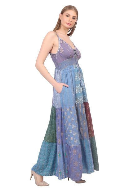 Bohemian Blue Patchwork Halter Maxi Dress