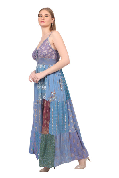 Bohemian Blue Patchwork Halter Maxi Dress