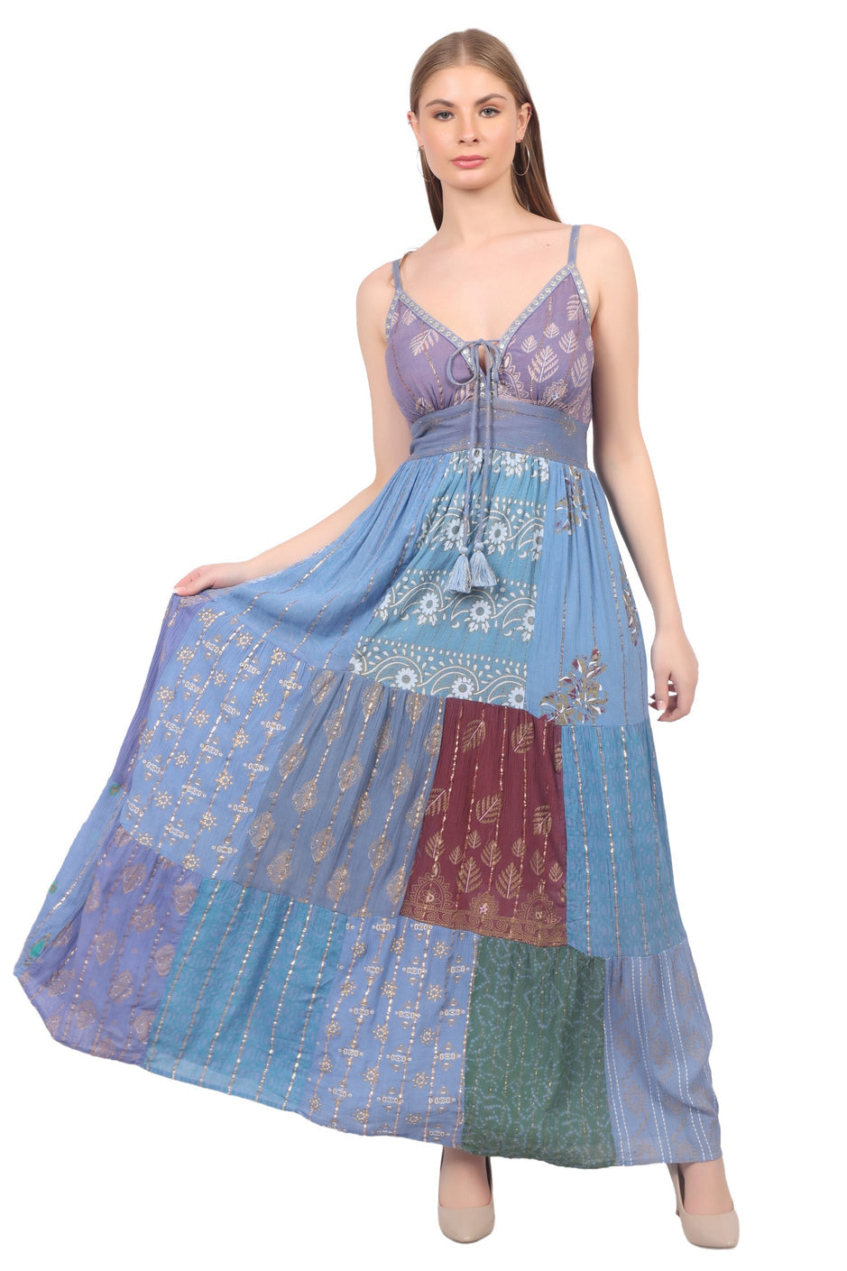 Bohemian Blue Patchwork Halter Maxi Dress