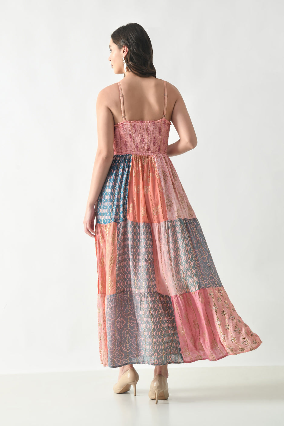 Bohemian Blue Patchwork Halter Maxi Dress