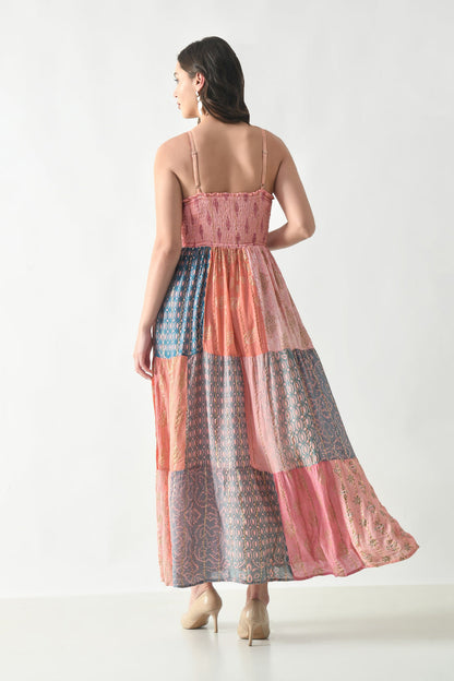 Bohemian Blue Patchwork Halter Maxi Dress