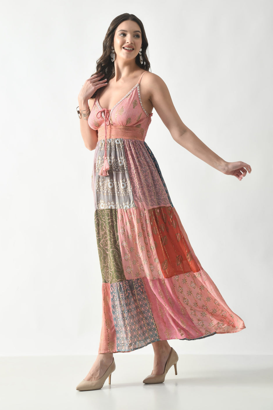 Bohemian Blue Patchwork Halter Maxi Dress