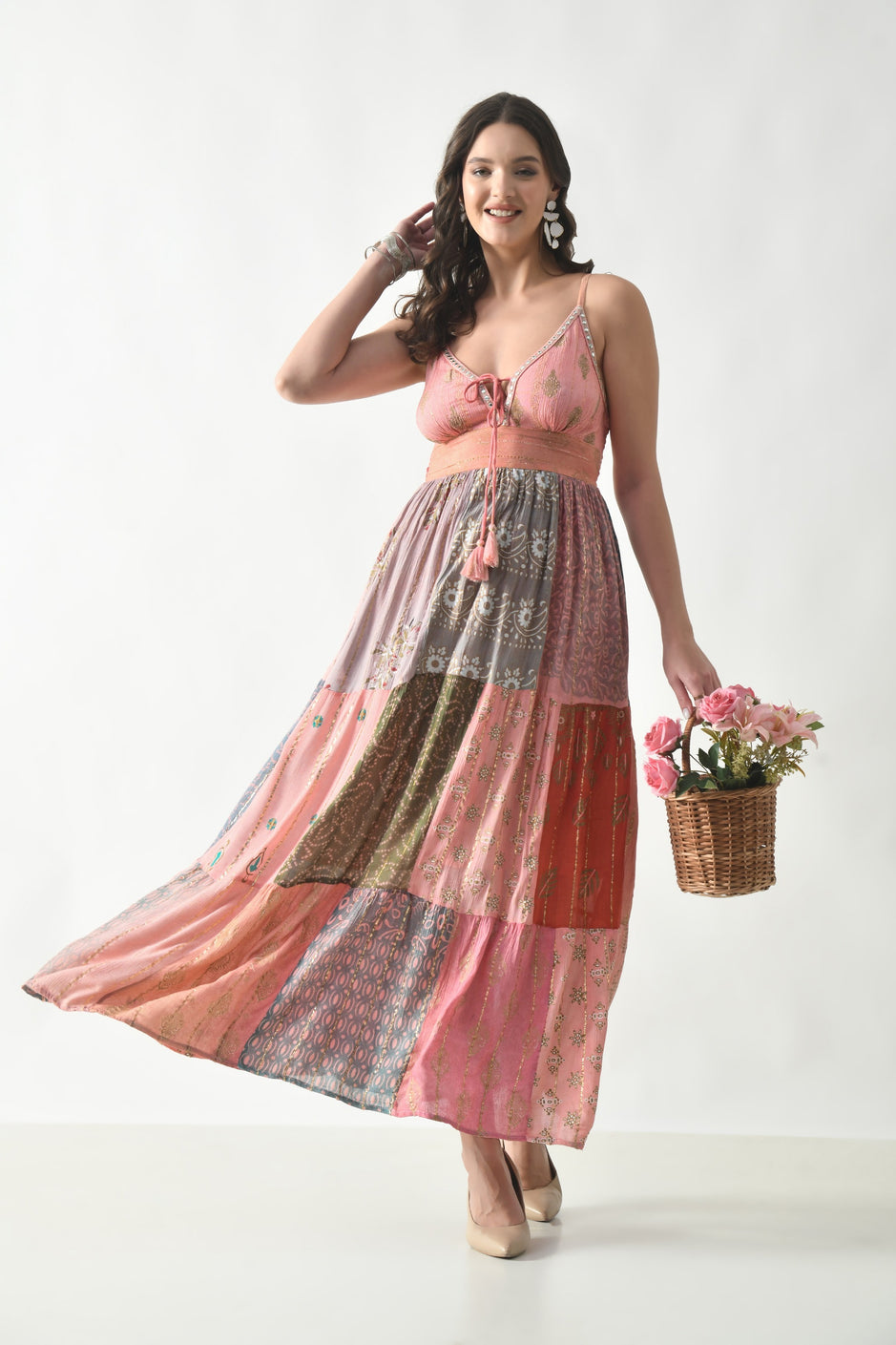 Bohemian Blue Patchwork Halter Maxi Dress