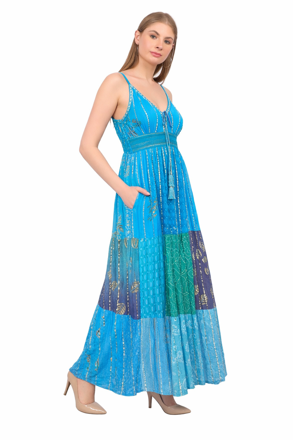 Bohemian Blue Patchwork Halter Maxi Dress