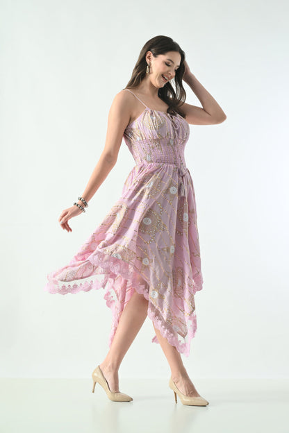 Bohemian Gold Celestial Asymmetrical Lace Hem Dress