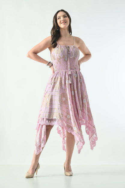 Bohemian Gold Celestial Asymmetrical Lace Hem Dress