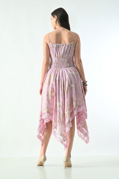 Bohemian Gold Celestial Asymmetrical Lace Hem Dress