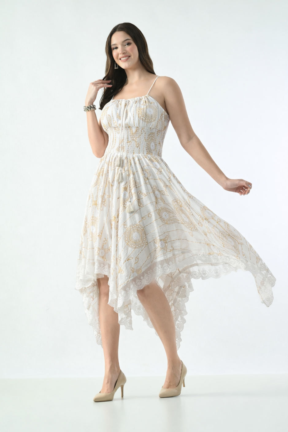 Bohemian Gold Celestial Asymmetrical Lace Hem Dress