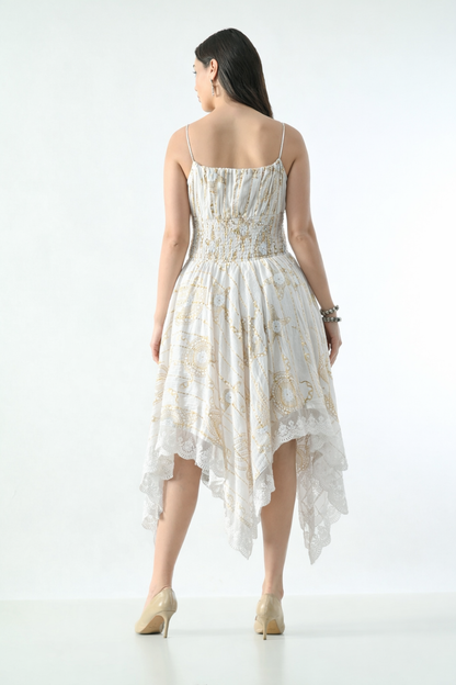 Bohemian Gold Celestial Asymmetrical Lace Hem Dress