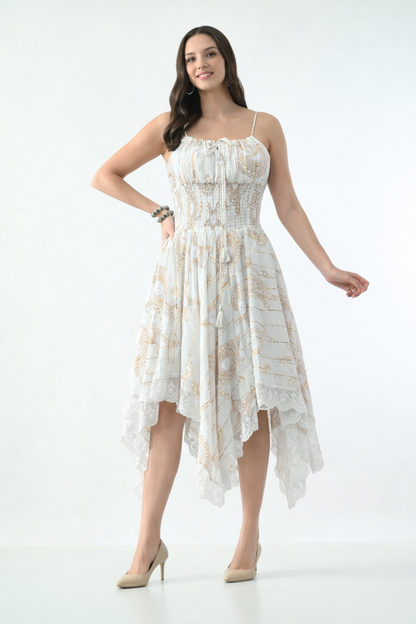 Bohemian Gold Celestial Asymmetrical Lace Hem Dress