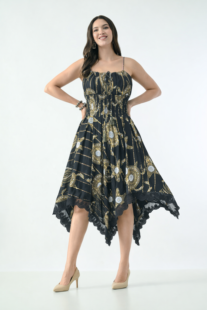 Bohemian Gold Celestial Asymmetrical Lace Hem Dress