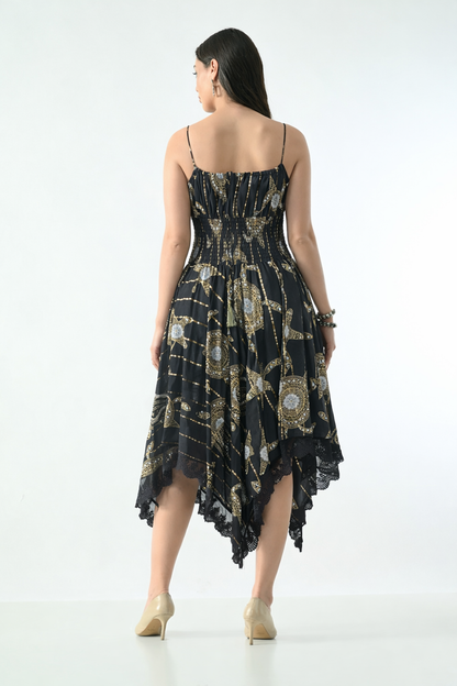 Bohemian Gold Celestial Asymmetrical Lace Hem Dress
