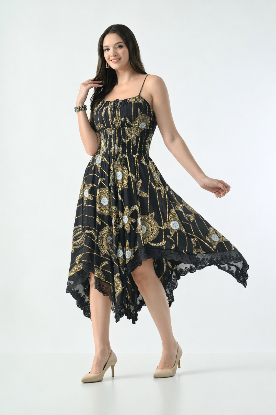Bohemian Gold Celestial Asymmetrical Lace Hem Dress