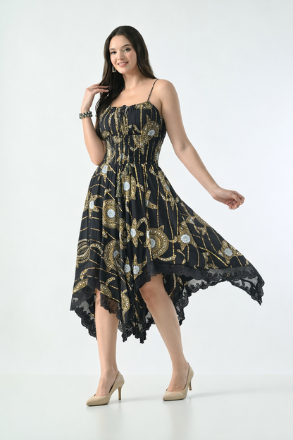 Bohemian Gold Celestial Asymmetrical Lace Hem Dress