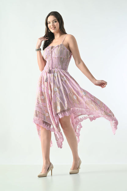 Bohemian Gold Celestial Asymmetrical Lace Hem Dress